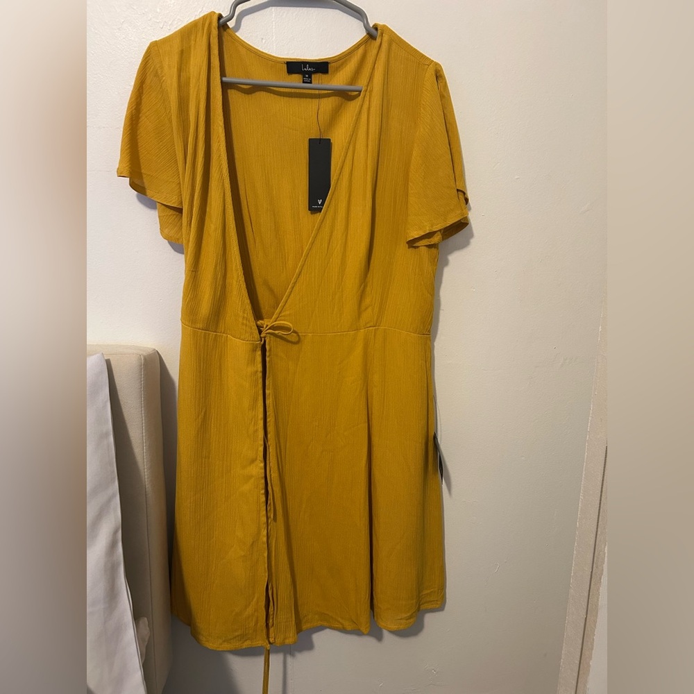 Lulu's Mustard Midi Wrap Dress